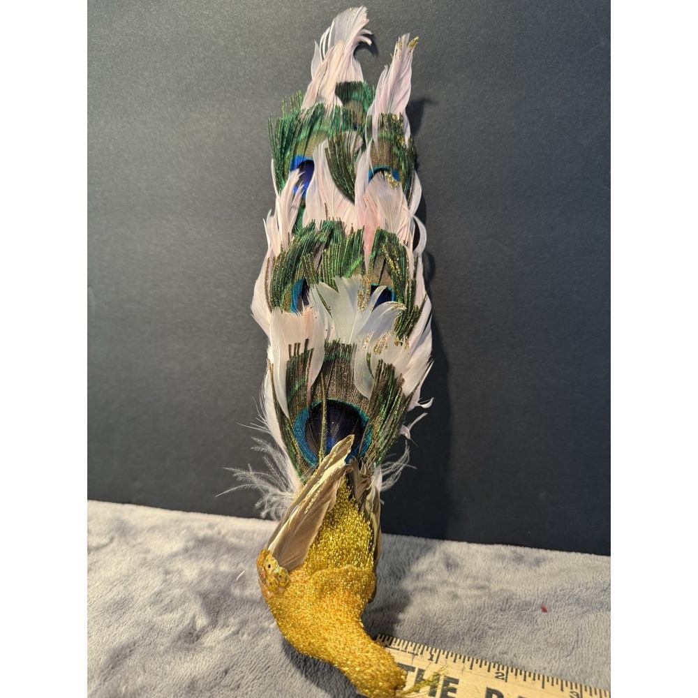 Vintage Gold Pinkish Peacock Real Feathers Clip On Christmas holiday ornament - Picture 11 of 11